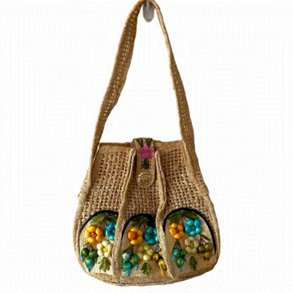 Vintage Crossbody Bag Woven Wicker Straw Floral Boho Brown 11x13